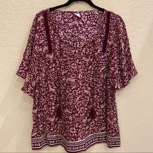 Boho animal print top Sz M purple w/ tassels